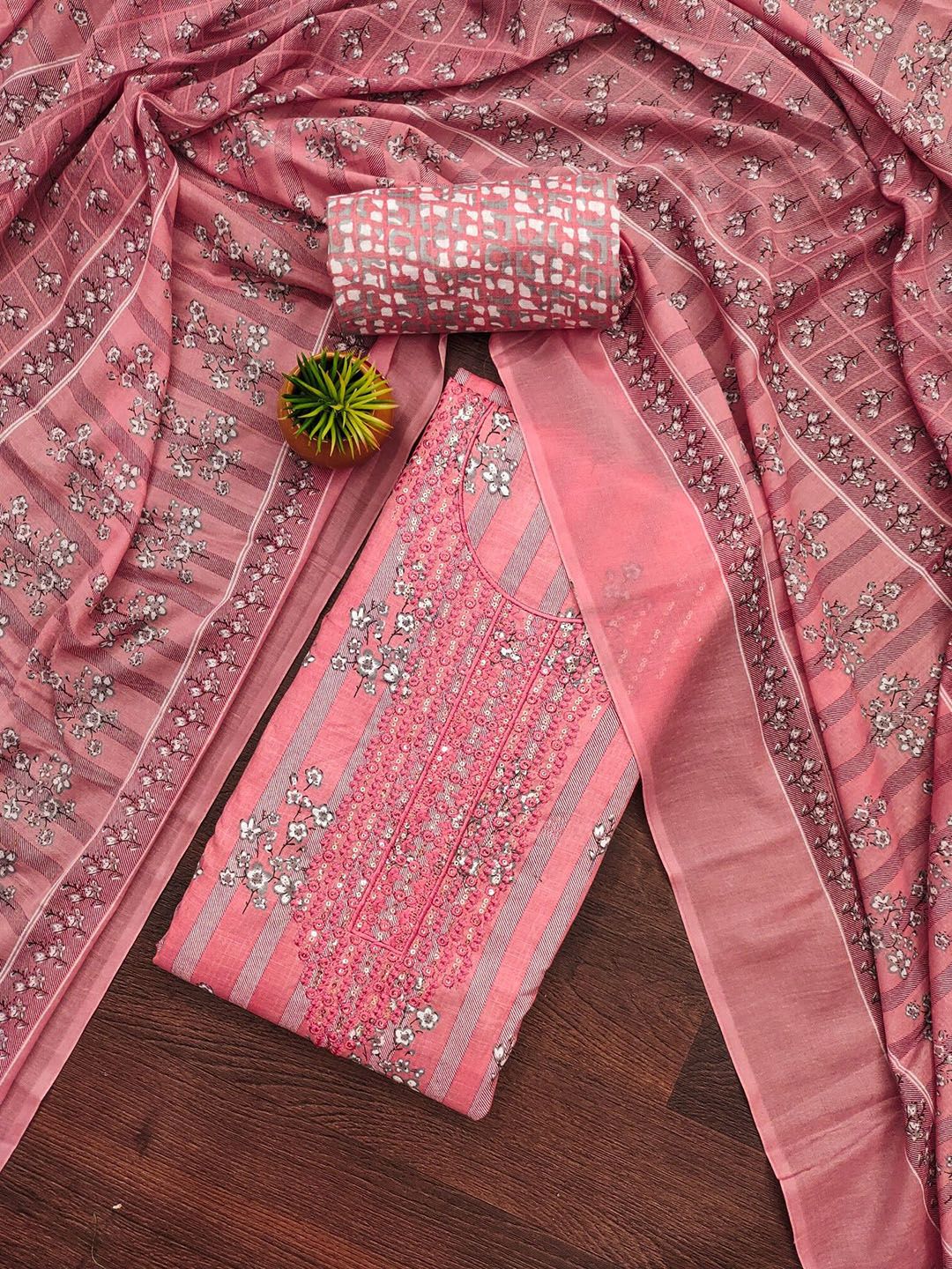 Panzora Floral Printed Embellished Cotton Unstitched Dress Material