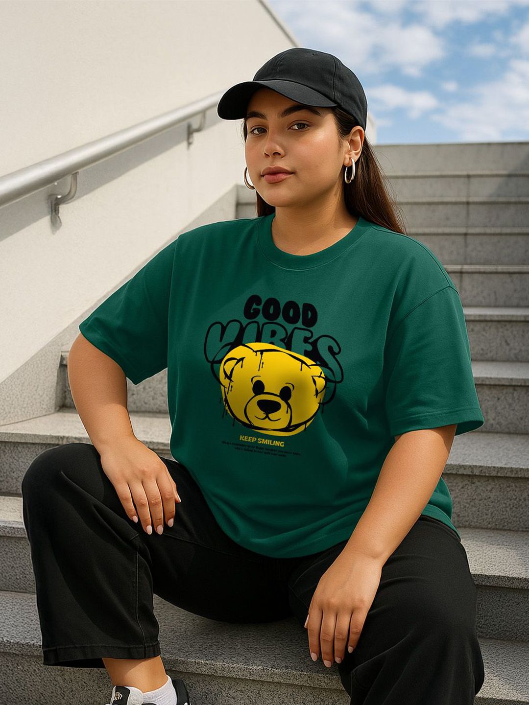 JUNEBERRY Women Green Printed Round Neck Relaxed Fit Oversized Plus Size T-shirt