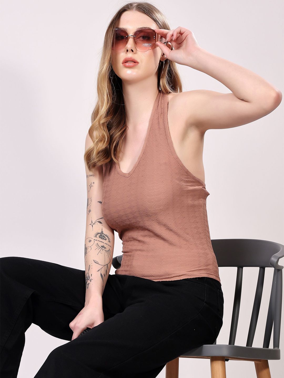 London Hills Women Solid Halter Neck Cotton Blend Top