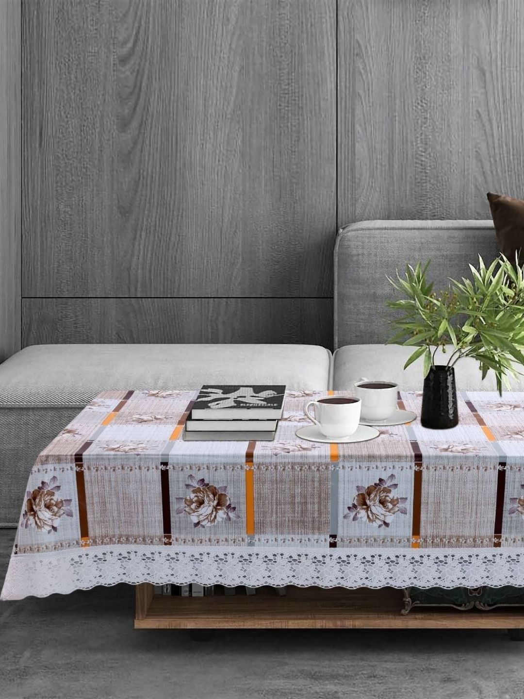 Stylista Off White & Grey Floral Printed 2-Seater Table Cover With Stylish Lace Border