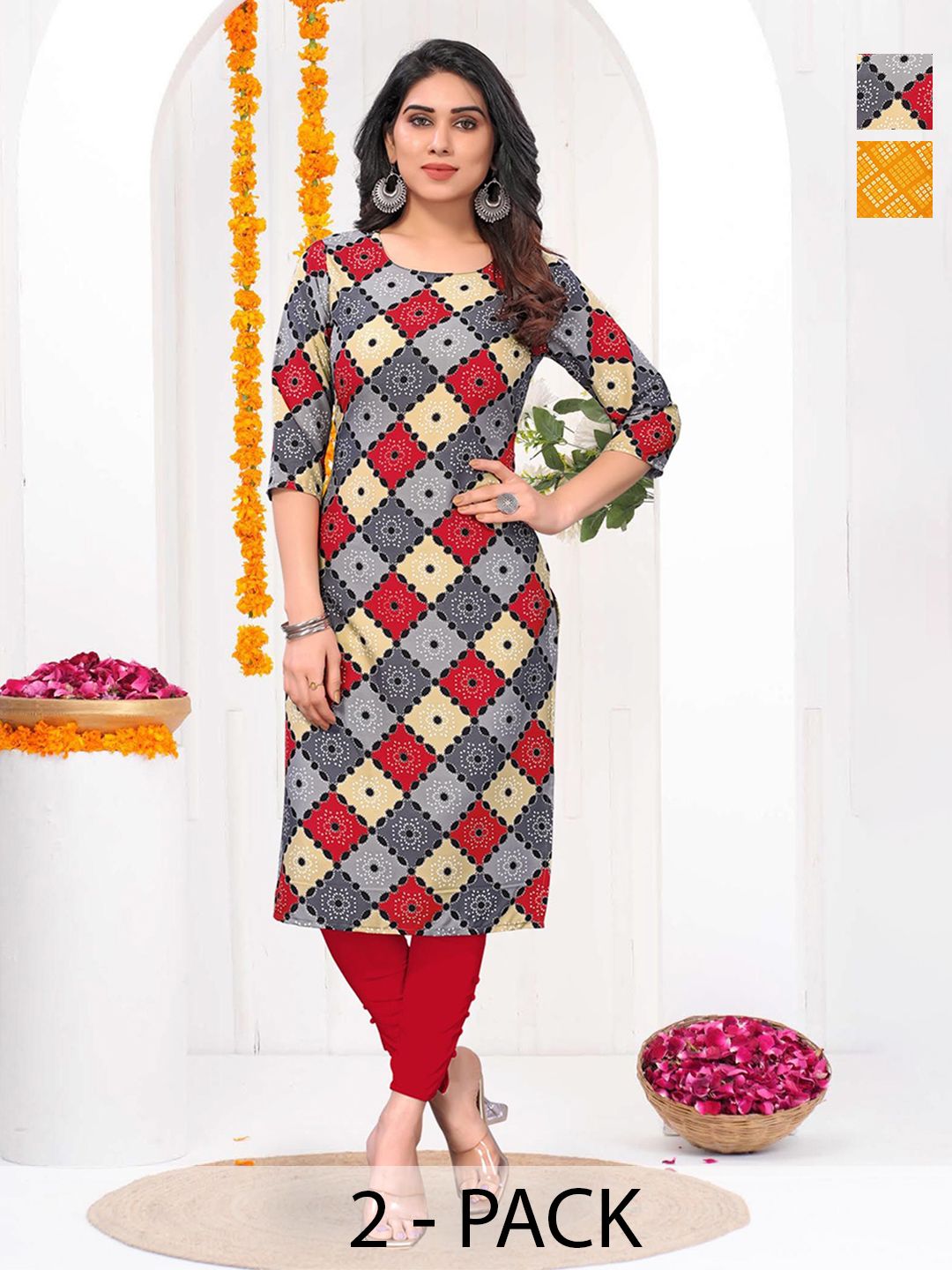 Moda Rapido Women Pack Of 2 Geometric Printed Daily Straight Kurtas