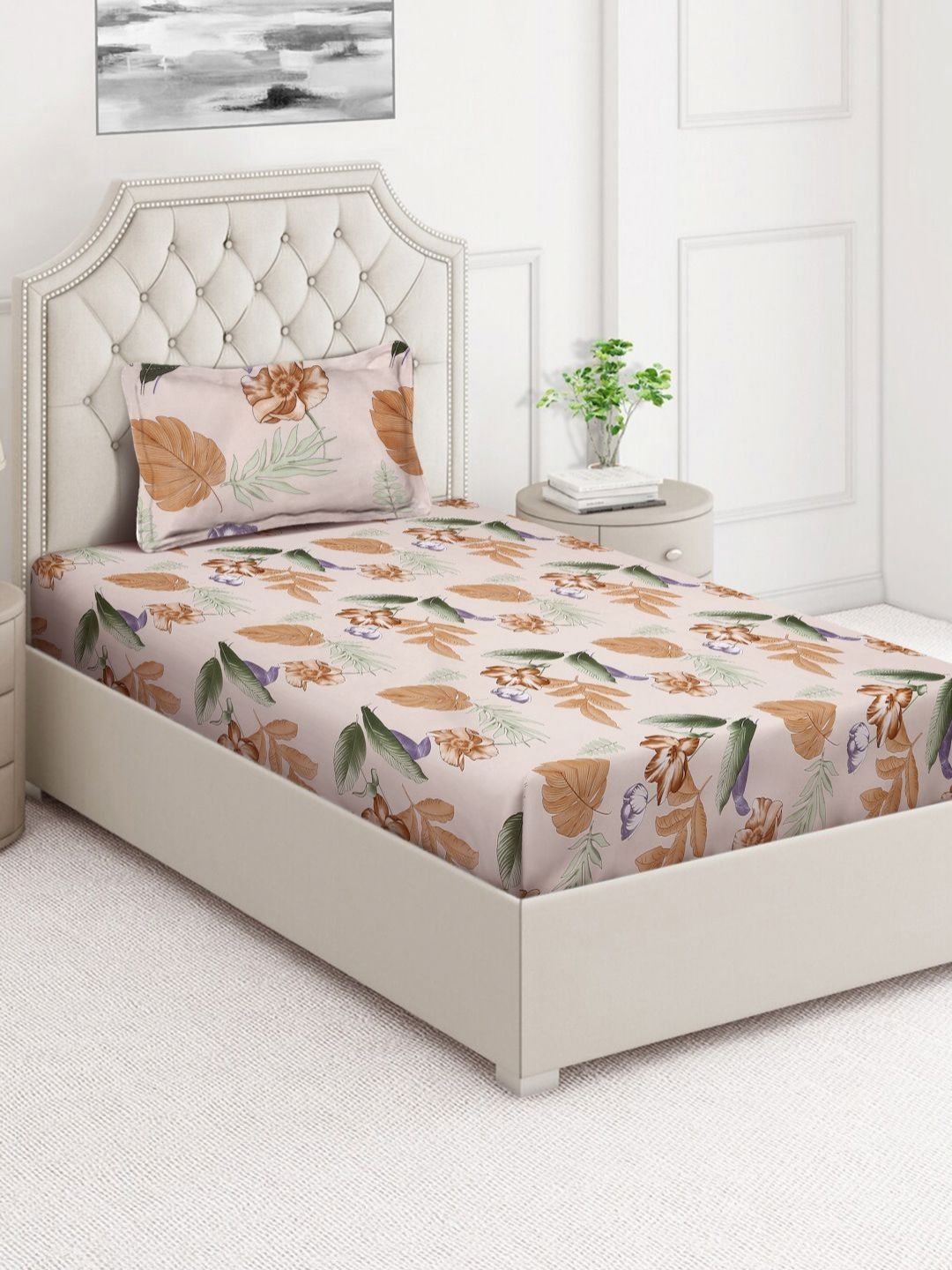 Buy Aura Orange Floral Cotton Skin Friendly 350 TC Single Superfine Bedsheet With A Pillow Cover 85 X 59 Inches -  - Home for Unisex