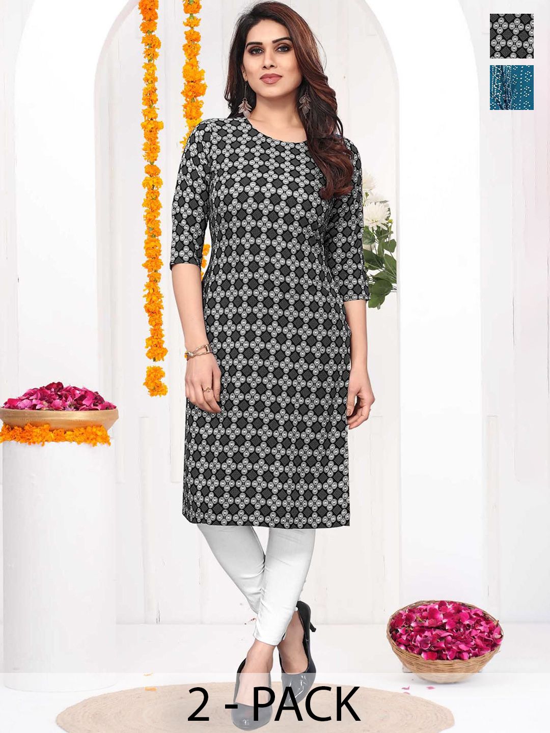 Moda Rapido Selection Of 2 Floral Printed Round Neck Straight Kurtas