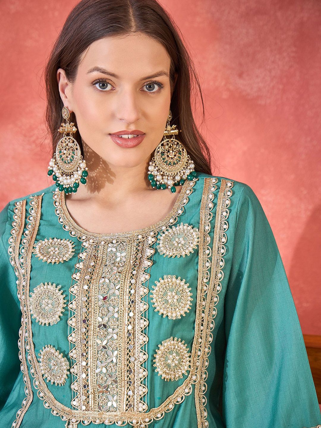 Floral Embroidered Round Neck Mirror Work A-Line Kurta With Palazzos 3