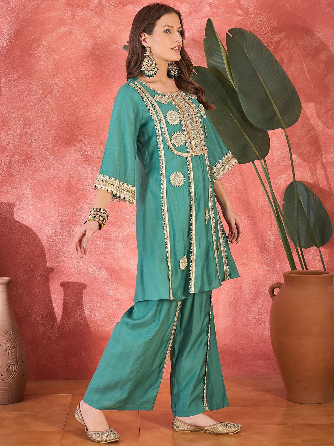 Floral Embroidered Round Neck Mirror Work A-Line Kurta With Palazzos 4
