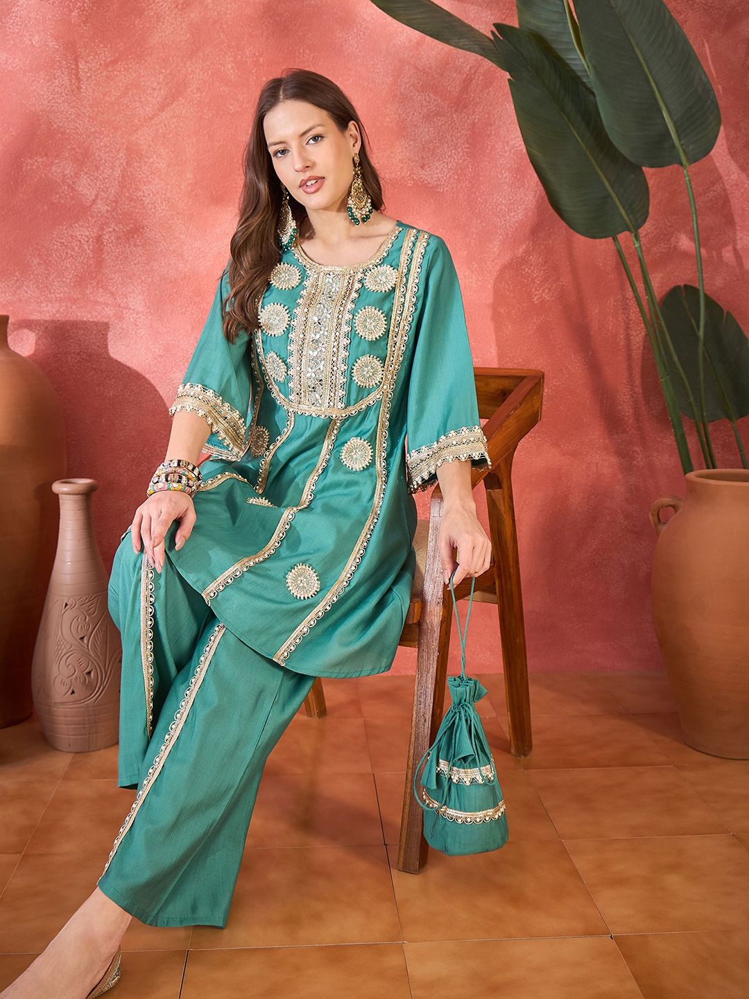 Floral Embroidered Round Neck Mirror Work A-Line Kurta With Palazzos