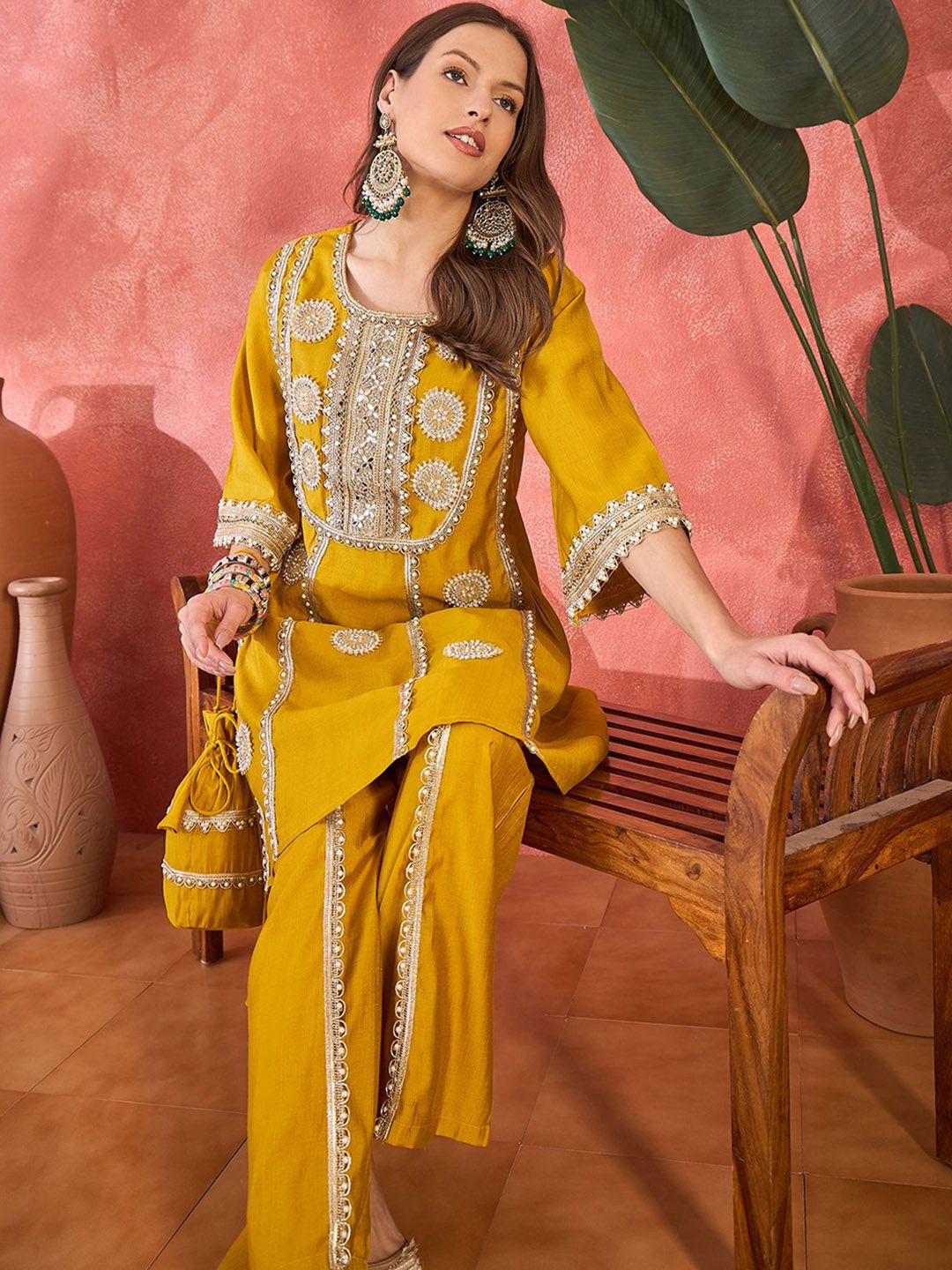 Women Floral Embroidered & Sequined A-Line Kurta With Palazzos & Bag
