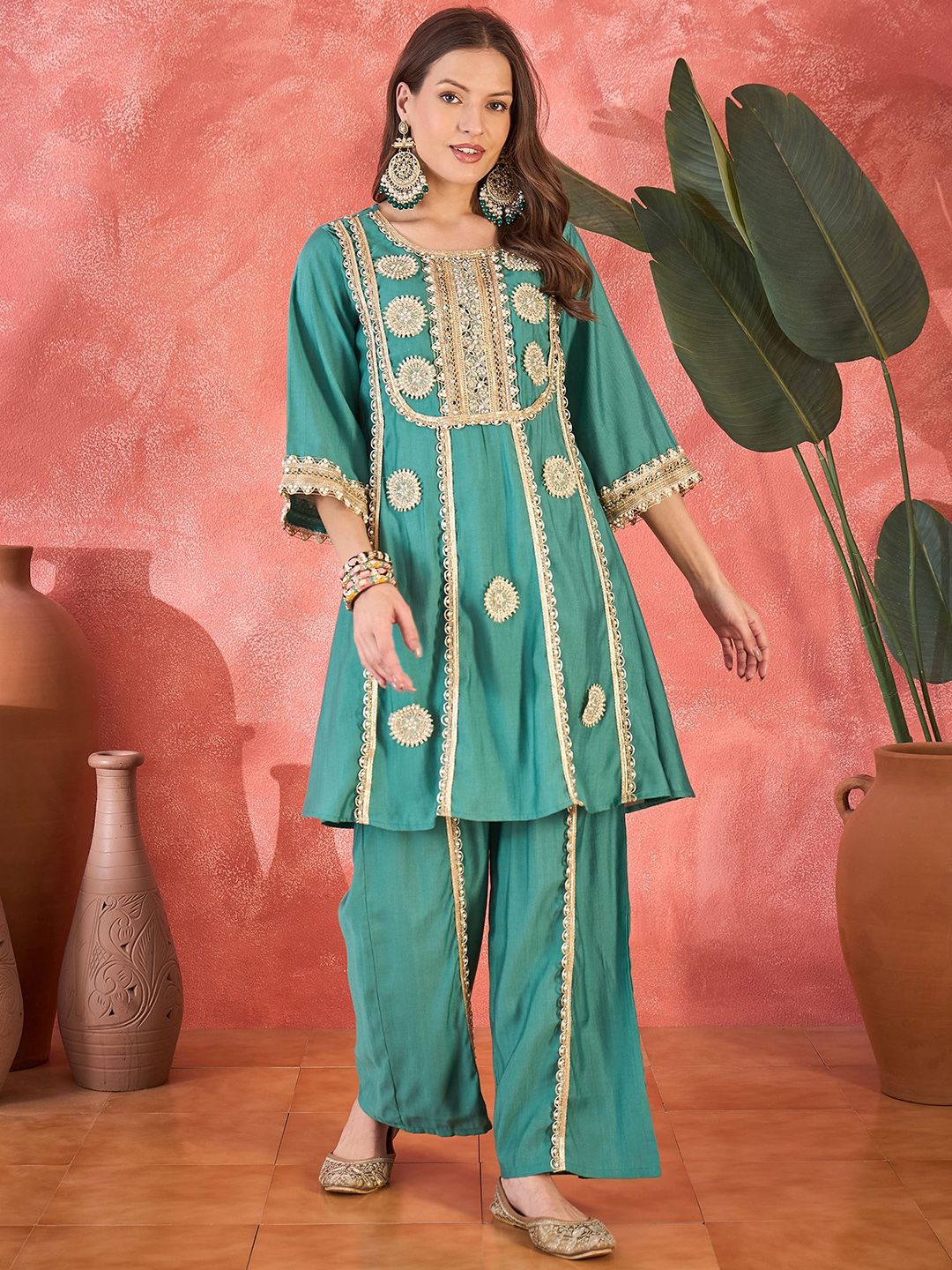 Floral Embroidered Round Neck Mirror Work A-Line Kurta With Palazzos 2