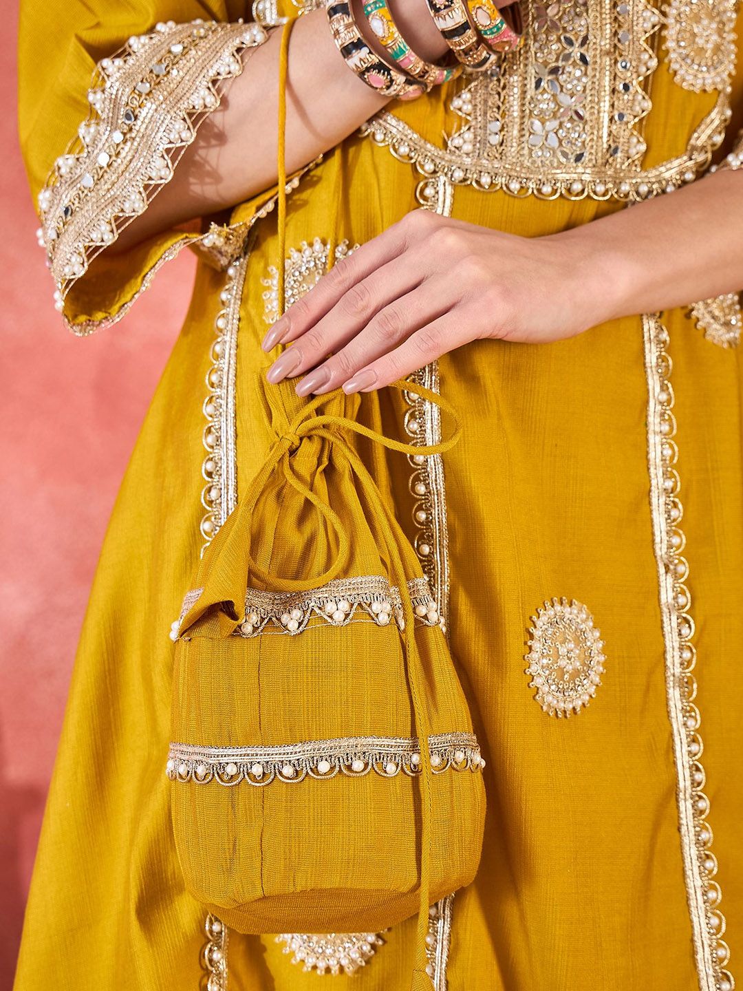 Women Floral Embroidered & Sequined A-Line Kurta With Palazzos & Bag 7