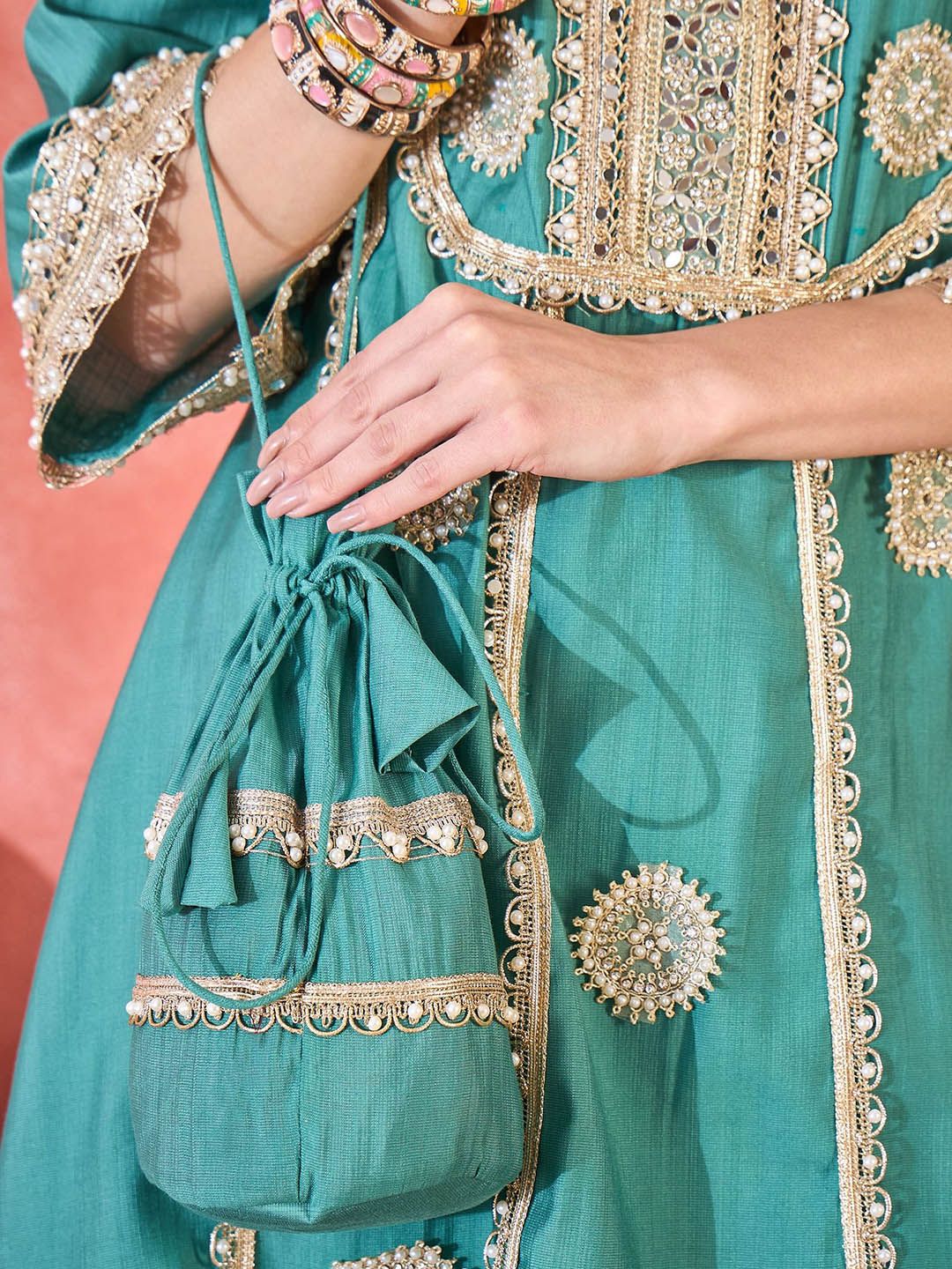 Floral Embroidered Round Neck Mirror Work A-Line Kurta With Palazzos 7