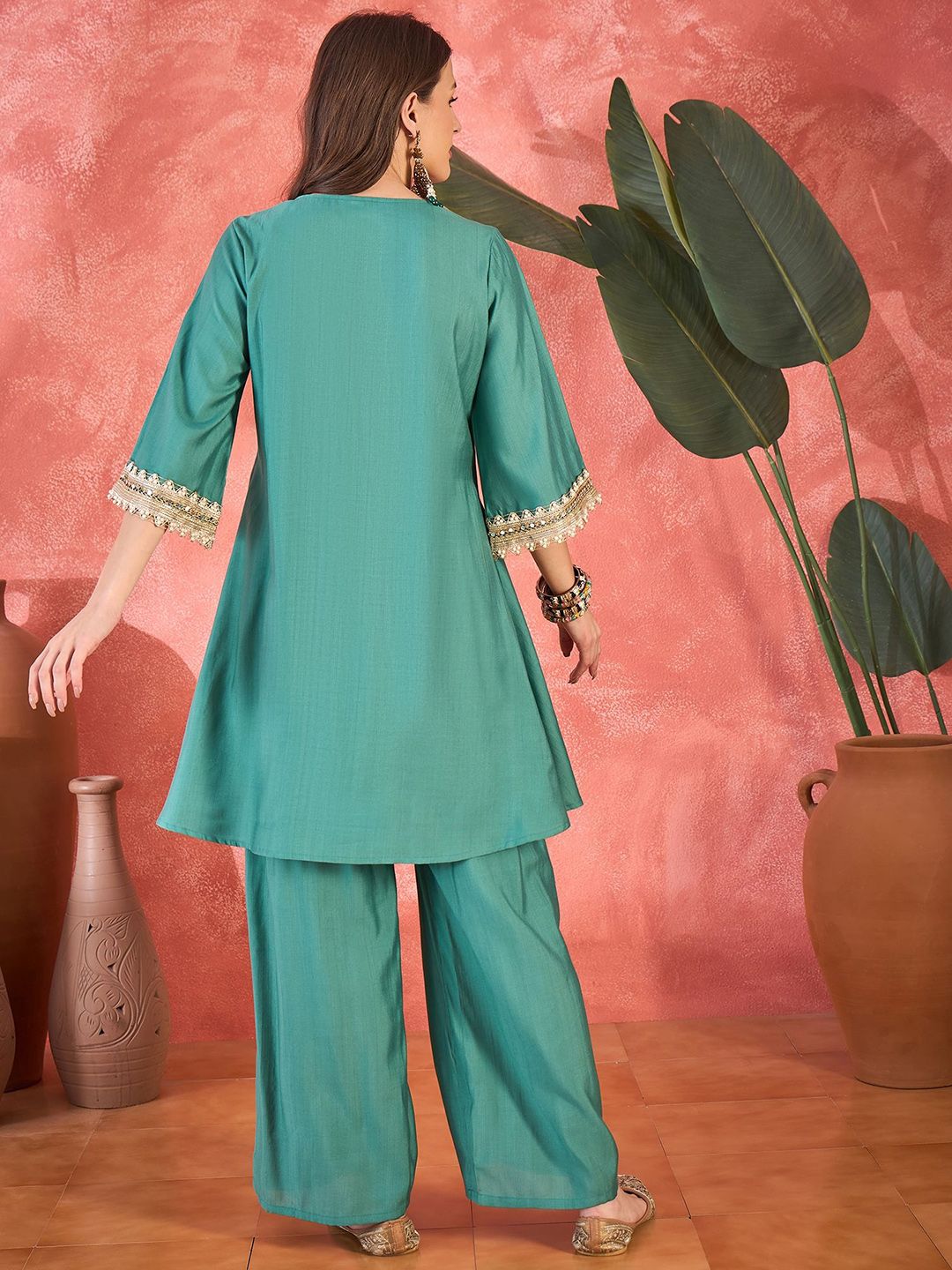 Floral Embroidered Round Neck Mirror Work A-Line Kurta With Palazzos 6