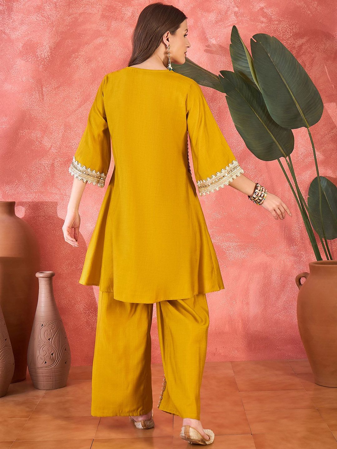 Women Floral Embroidered & Sequined A-Line Kurta With Palazzos & Bag 5