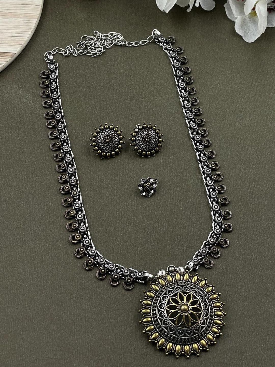 NAMAN ARTS Silver Plated Oxidised Jewellery Set