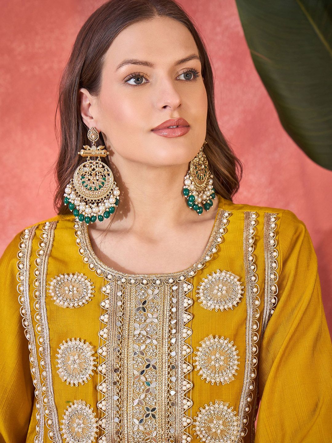 Women Floral Embroidered & Sequined A-Line Kurta With Palazzos & Bag 3