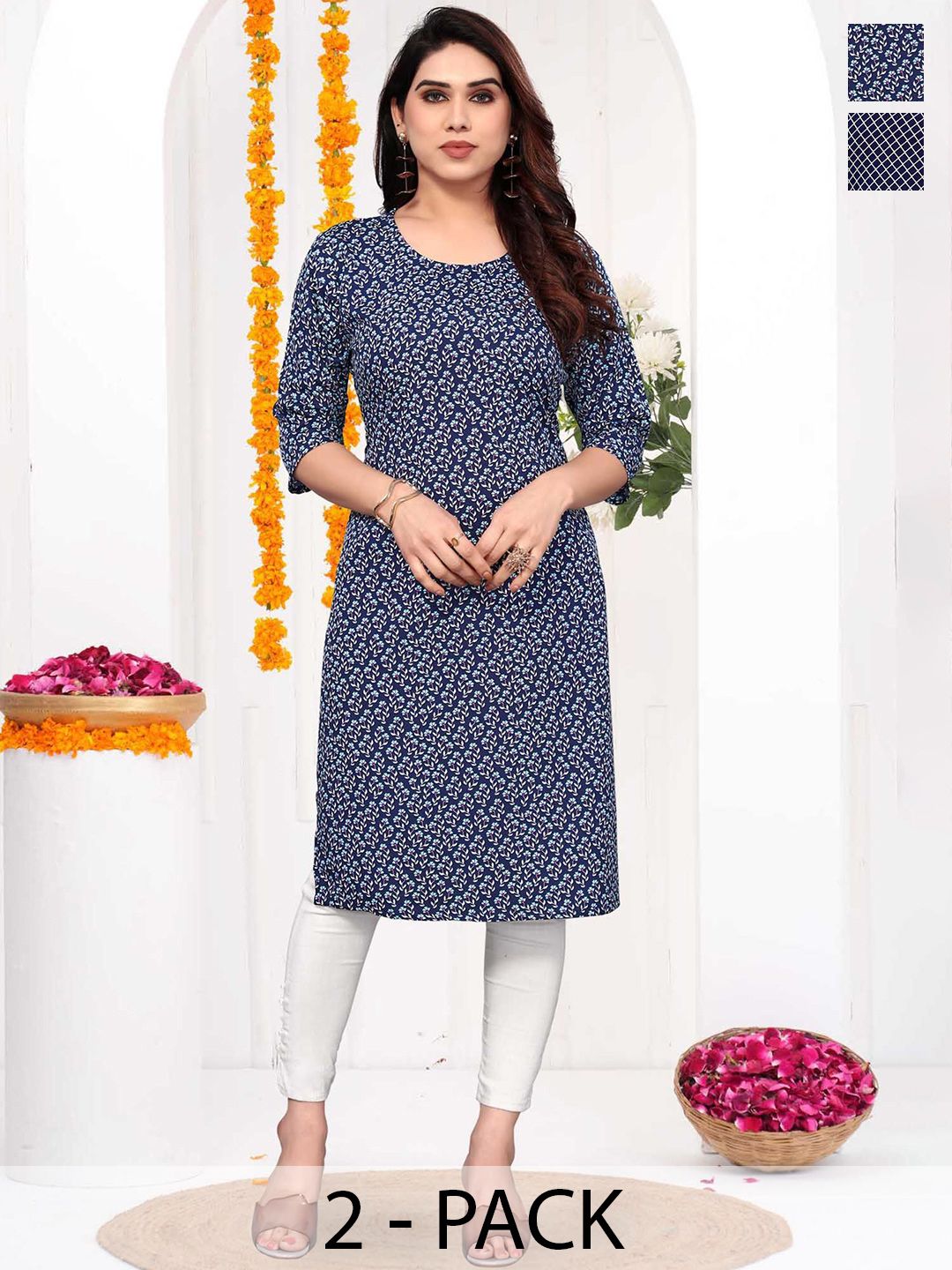 Moda Rapido Selection Of 2 Floral Printed Round Neck Straight Kurta