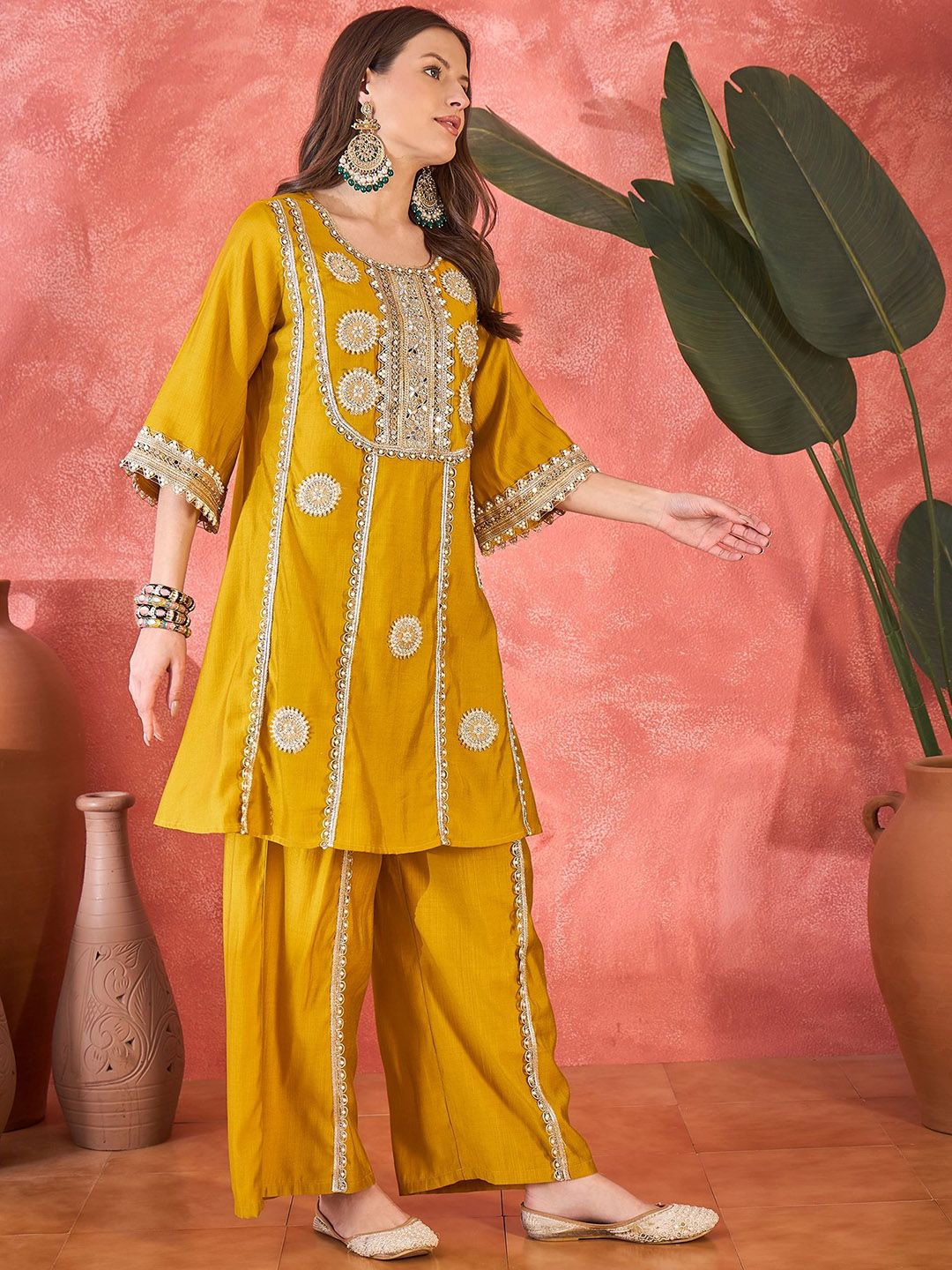 Women Floral Embroidered & Sequined A-Line Kurta With Palazzos & Bag 4