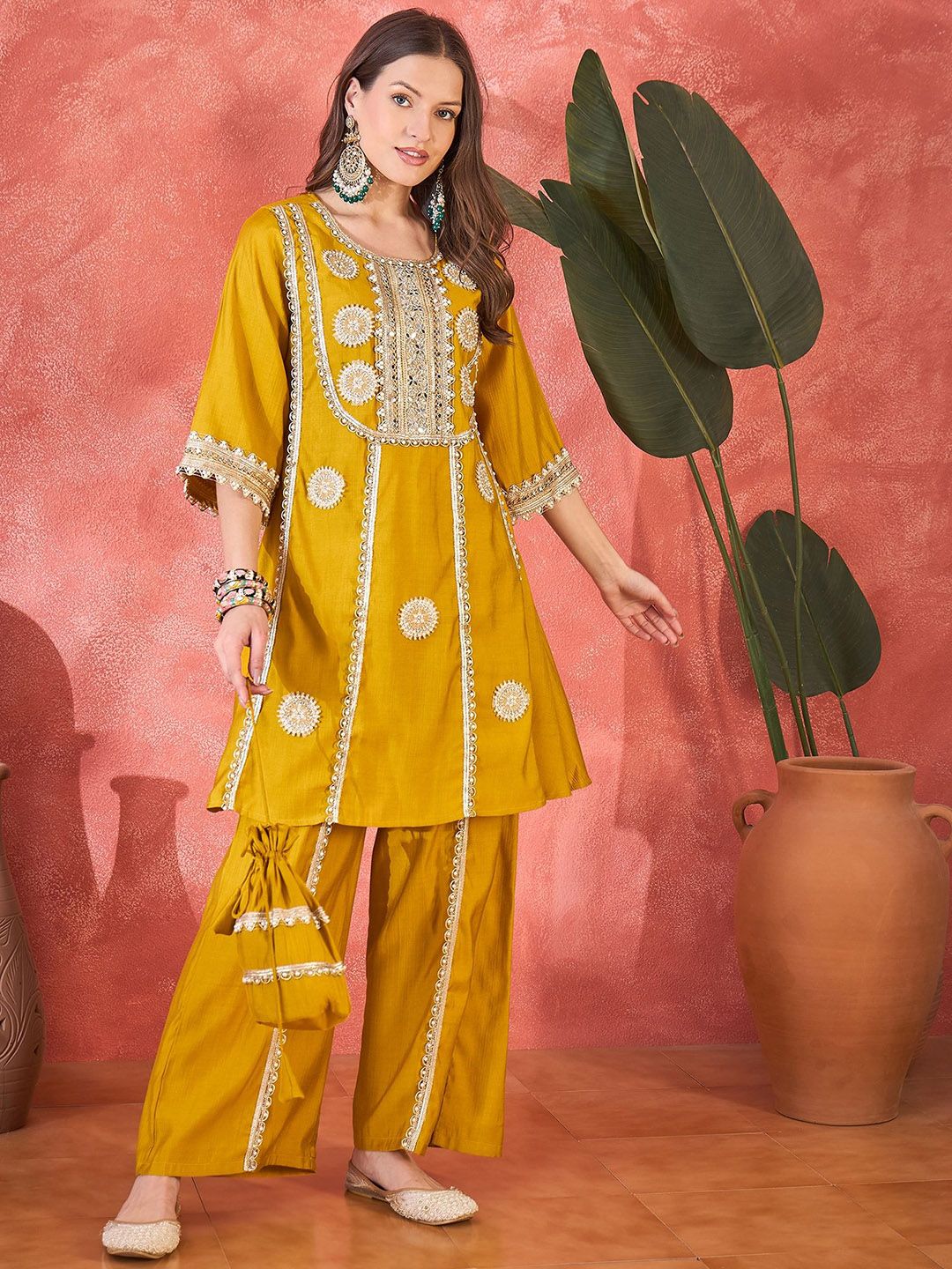 Women Floral Embroidered & Sequined A-Line Kurta With Palazzos & Bag 6