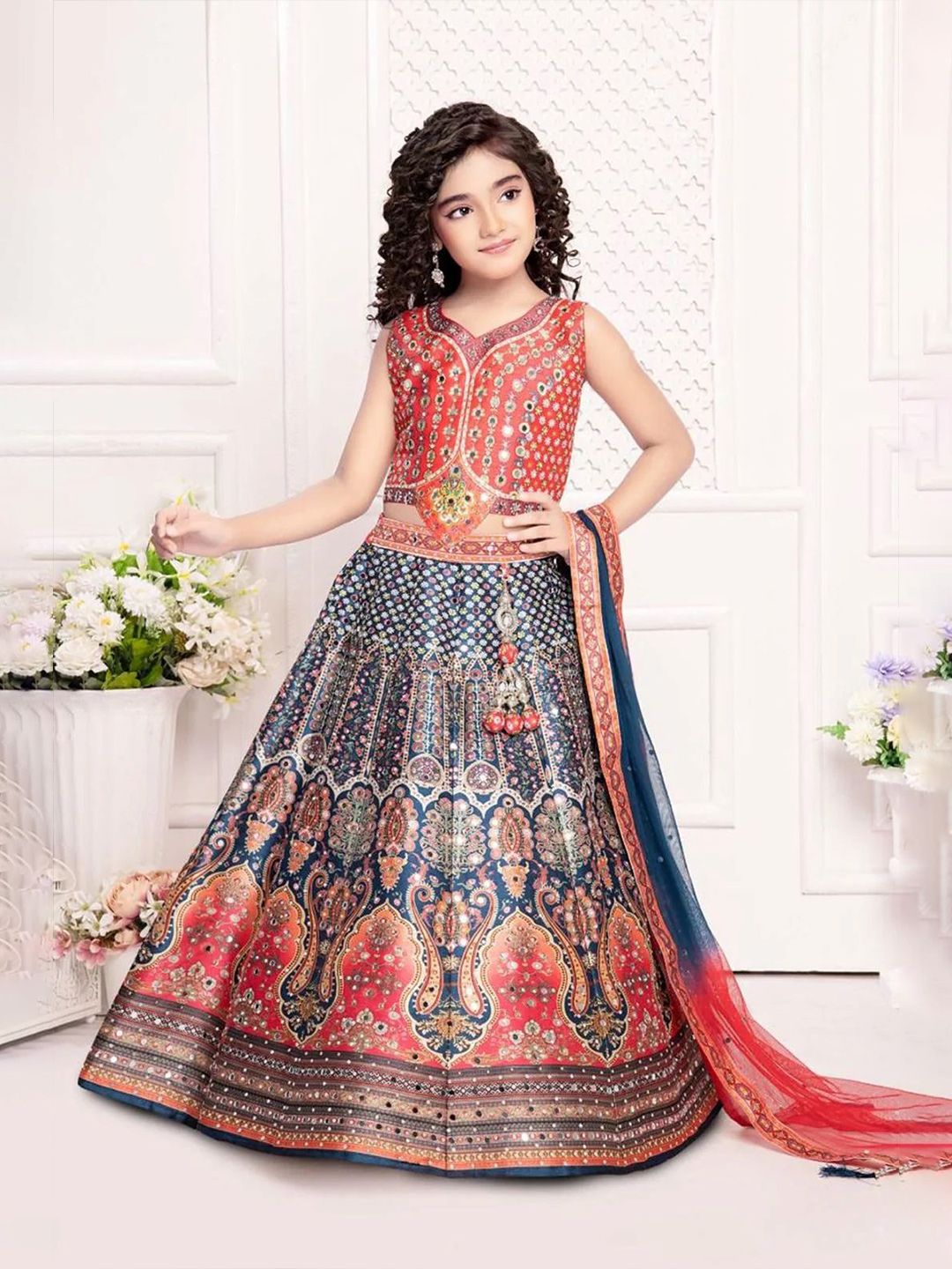 NKV Girls Printed Mirror Work Lehenga With Blouse & Dupatta