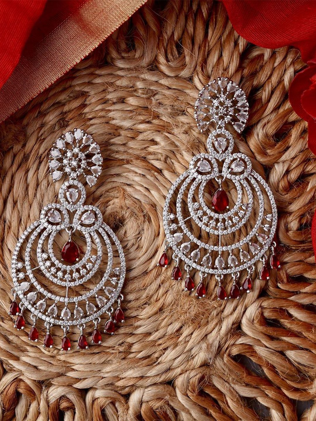 Gemron Jewel  Rhodium-Plated Cubic Zirconia Studded Circular Shaped Chandbalis