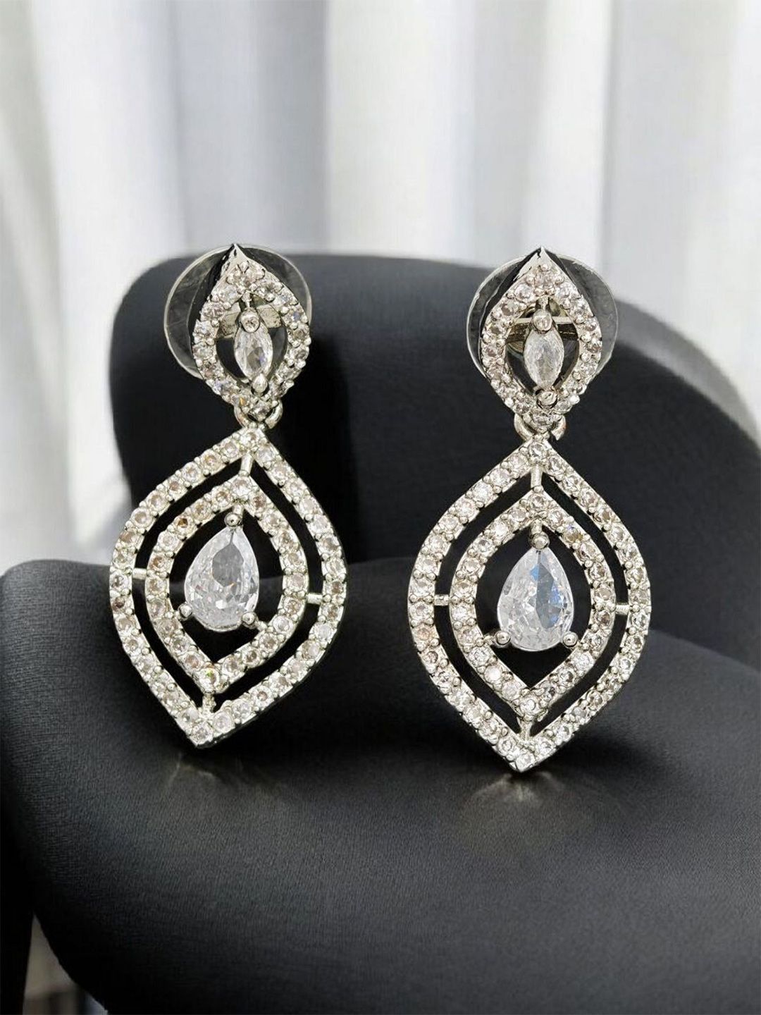 Gemron Jewel Rhodium-Plated American Diamond Studded Contemporary Drop Earrings