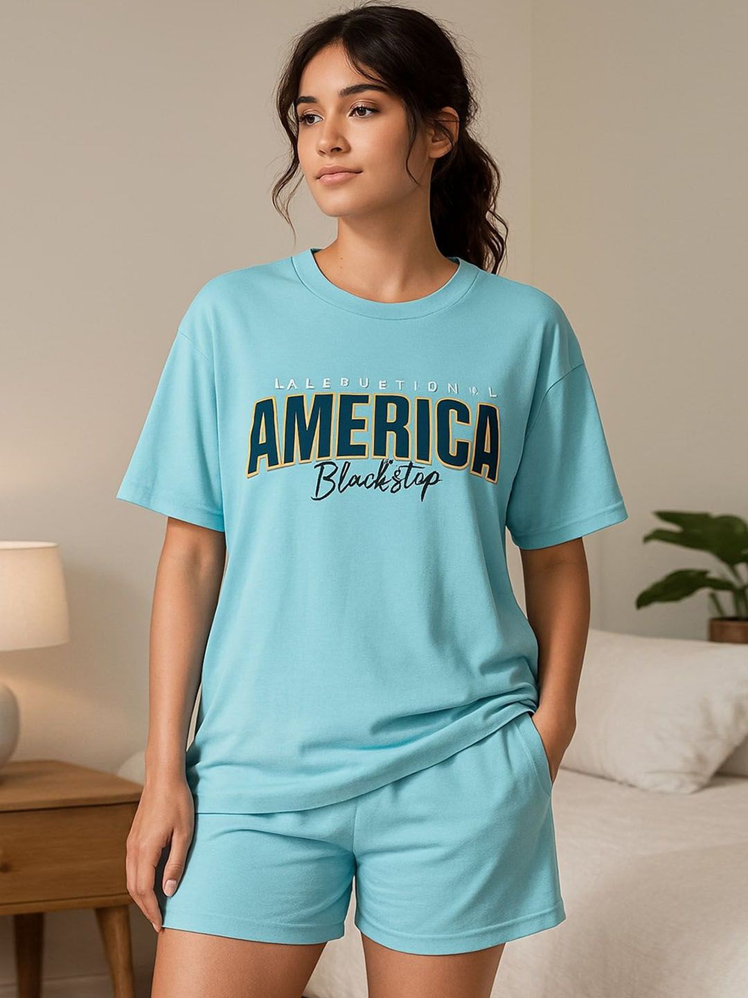 KSHS Women Typography Printed T-shirt Shorts Night suit