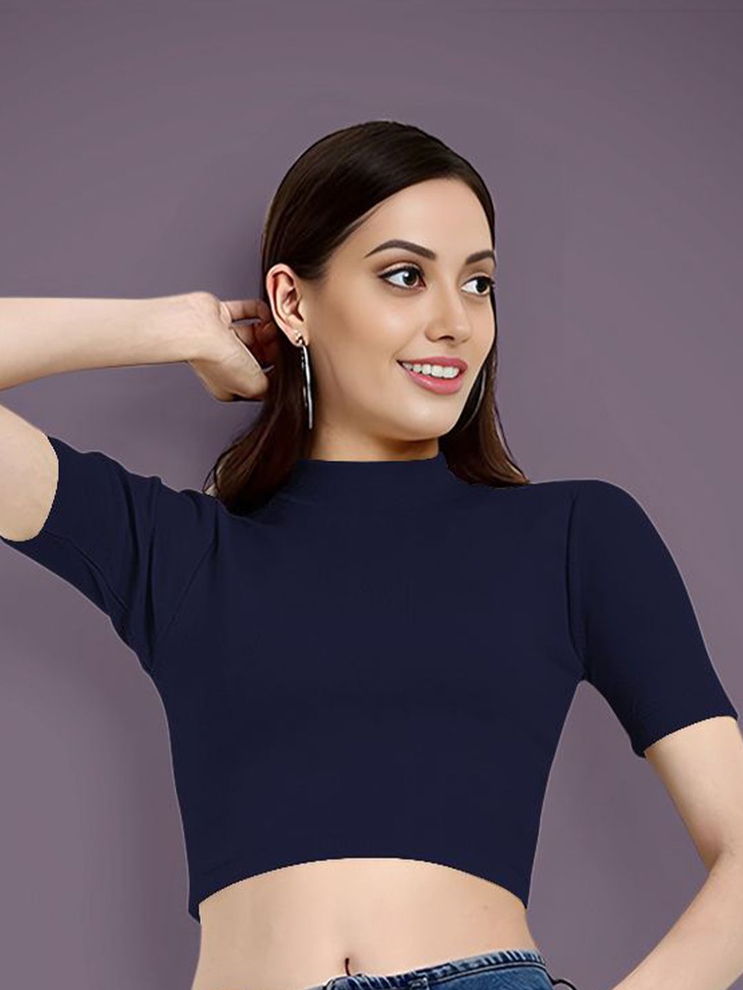 Dream Beauty Fashion Women Solid Round Neck Long Sleeves Crop Top