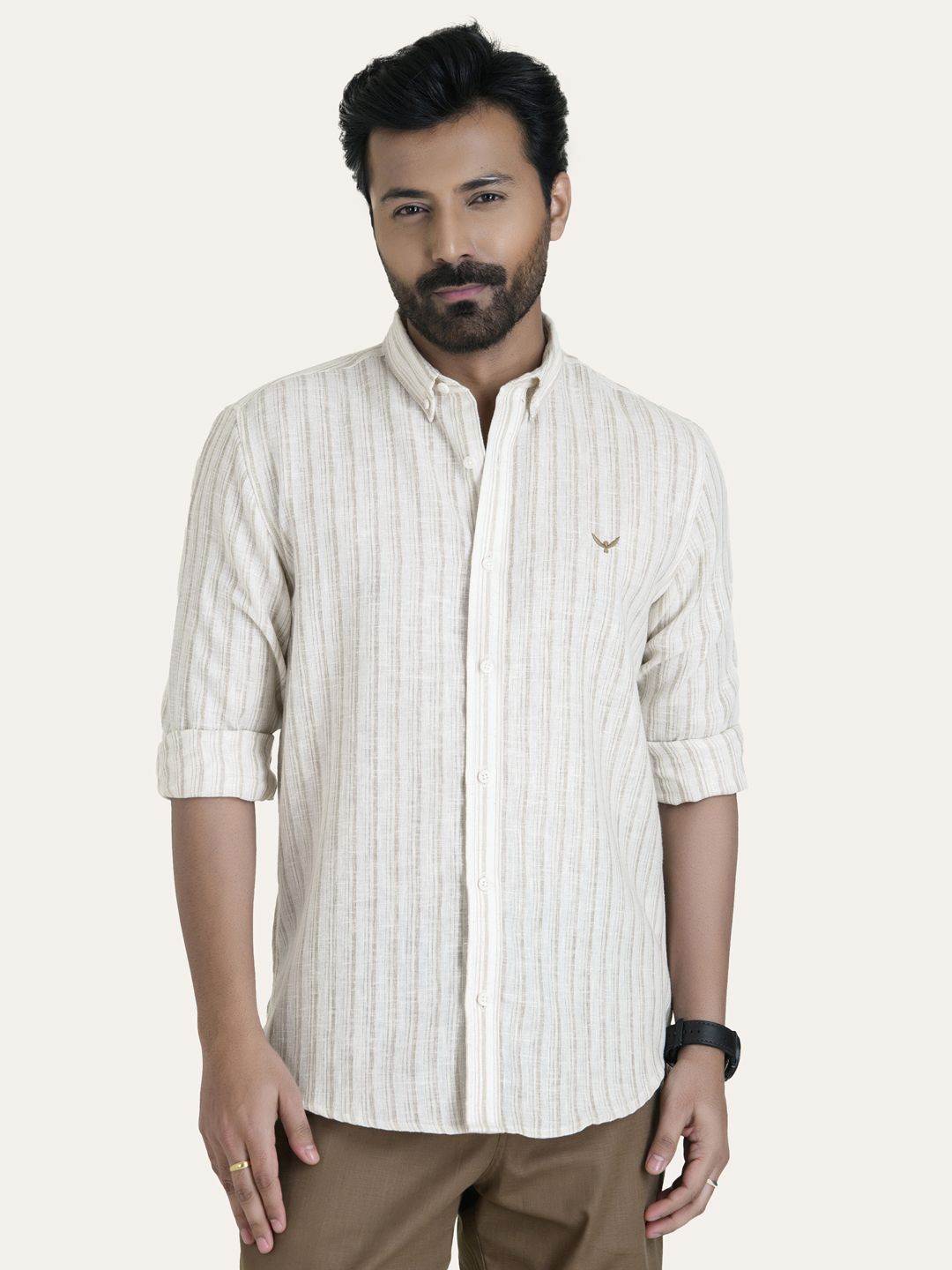 PERCH d Linen Vertical Stripes Cotton Long Sleeves Relaxed Fit Shirt