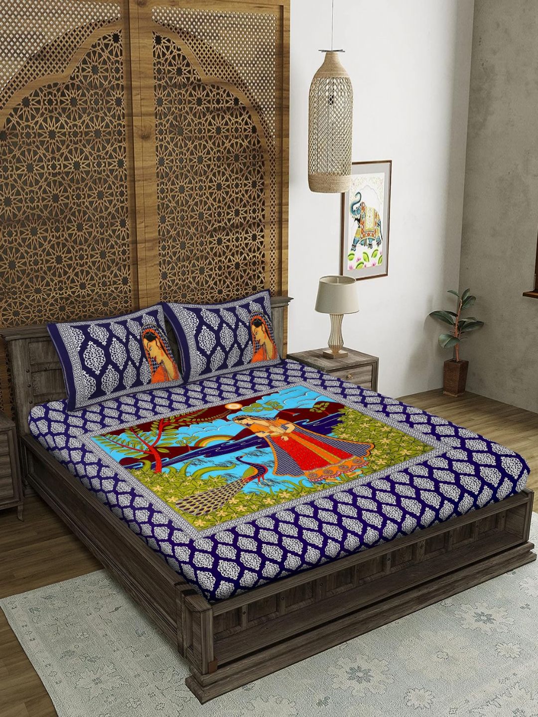 MAGICAL Monarch Collection Blue Ethnic Motifs Cotton 104 TC Queen Bedsheet with 2 Pillow Covers-228 x 254 cm