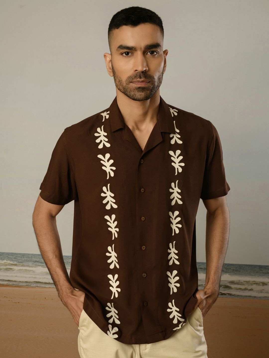 PERCH Embroidery Rayon Floral Viscose Short Sleeves Relaxed Fit Shirt