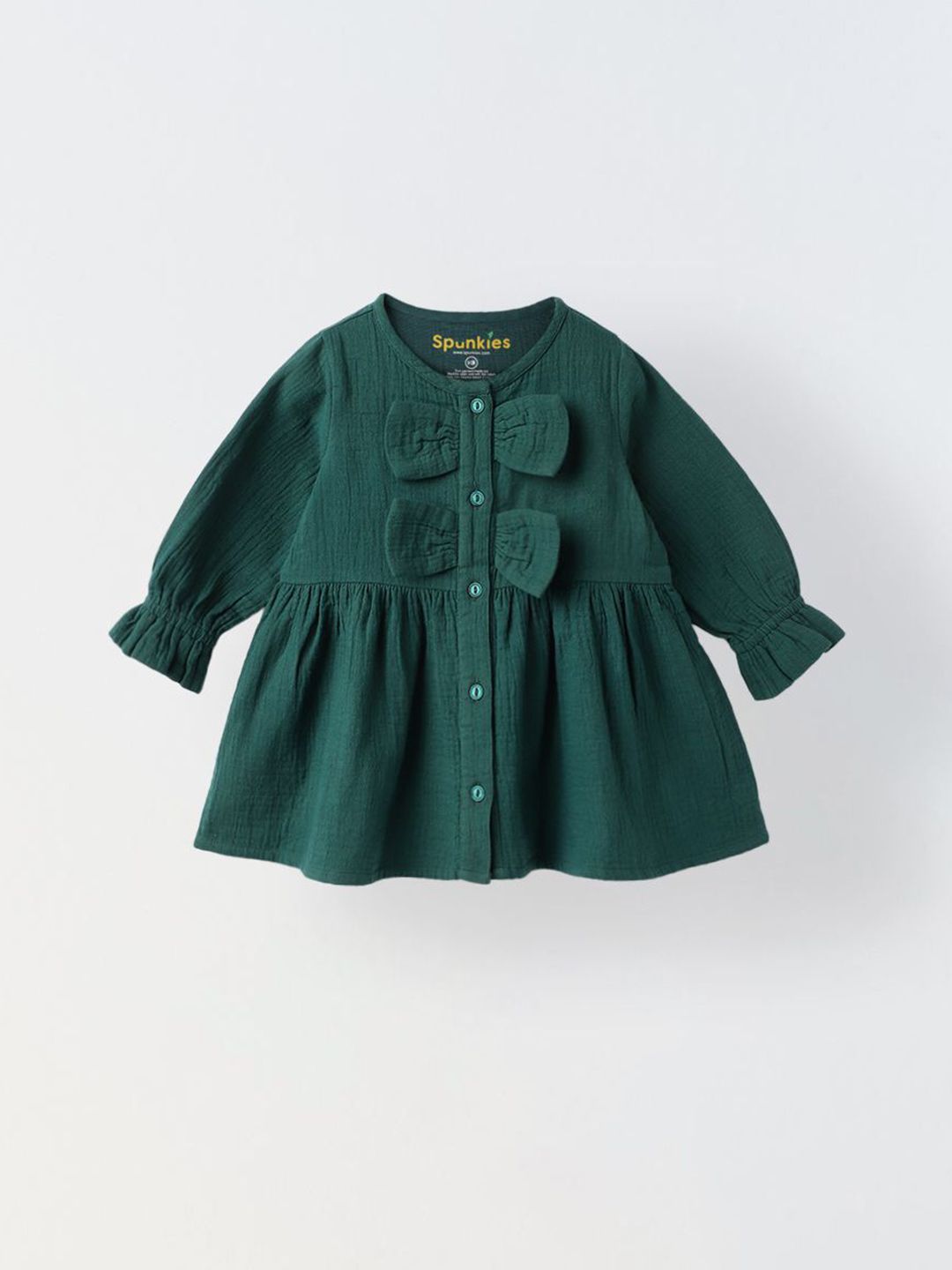Girls Teal Bow Accents Long Sleeve Button Down Dress