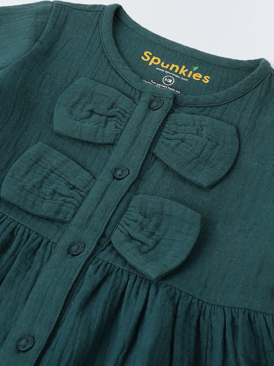 Girls Teal Bow Accents Long Sleeve Button Down Dress 3