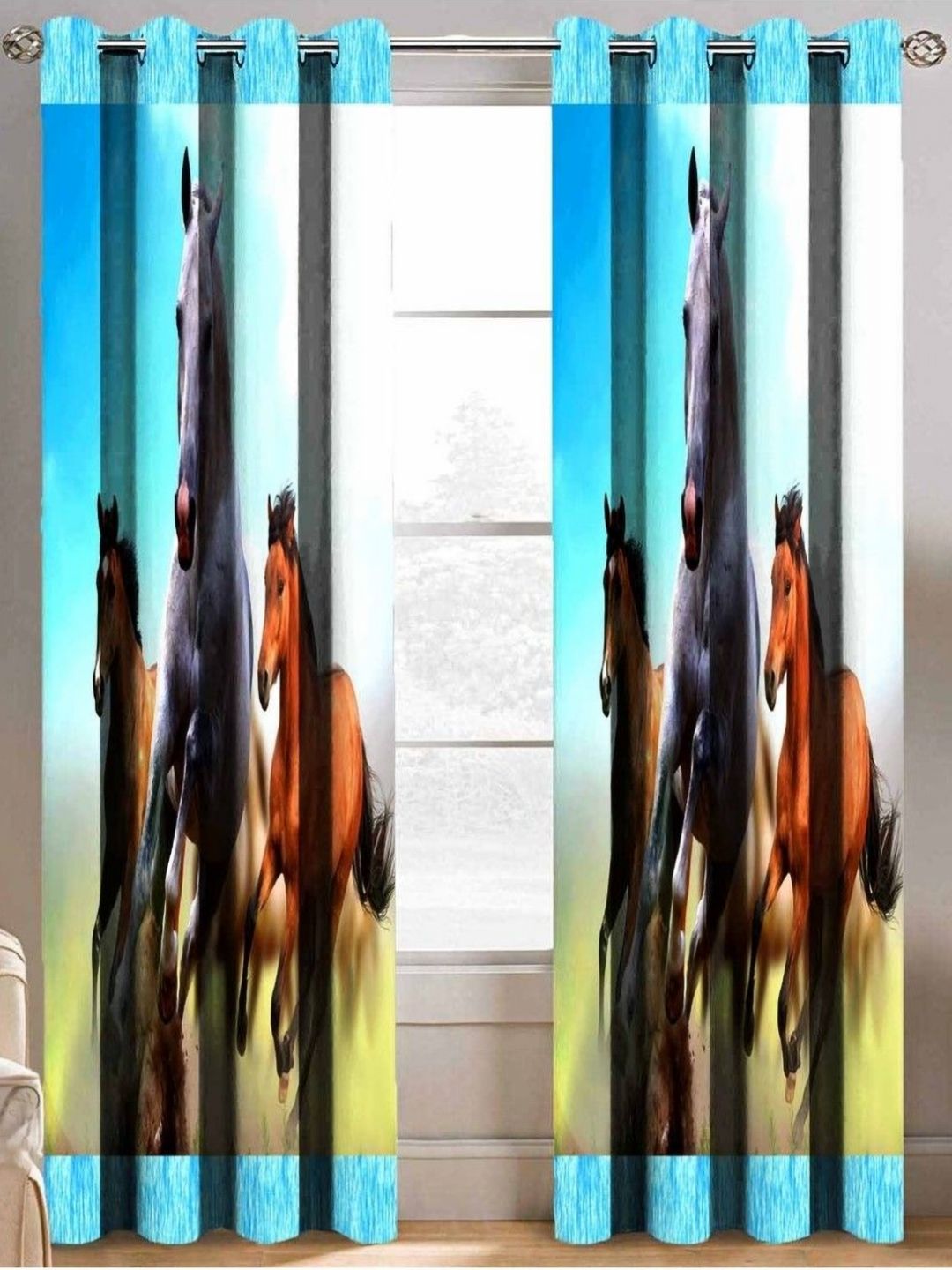 Aura Blue And White 2 Pcs Printed Window Curtain