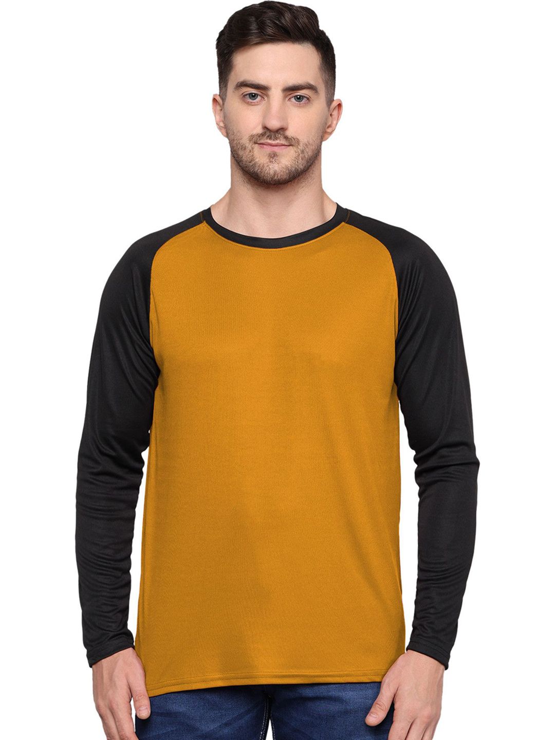 Yellow and Black Colourblocked Round Neck Regular Fit T-shirt