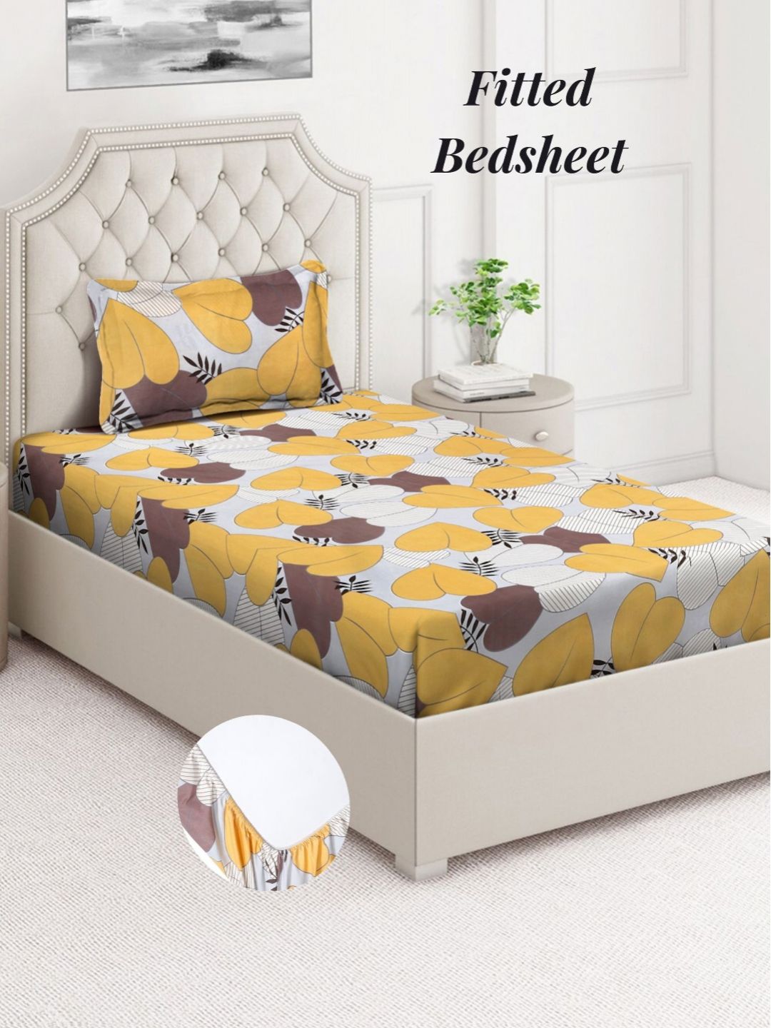 Aura Yellow Leaf Polycotton Skin-Friendly 350 TC Fitted Single Superfine Bedsheet with a Pillow Cover-85 x 59 inches