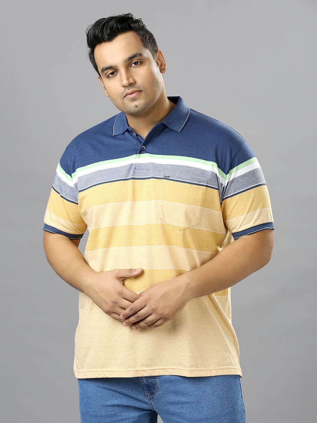 Xmex Men Striped Polo Collar Drop-Shoulder Sleeves Pockets T-shirt