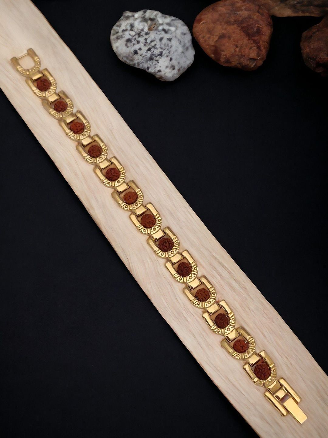 LAKSH Men Stainless Steel Gold-Plated Beaded Rudraksh Link Bracelet