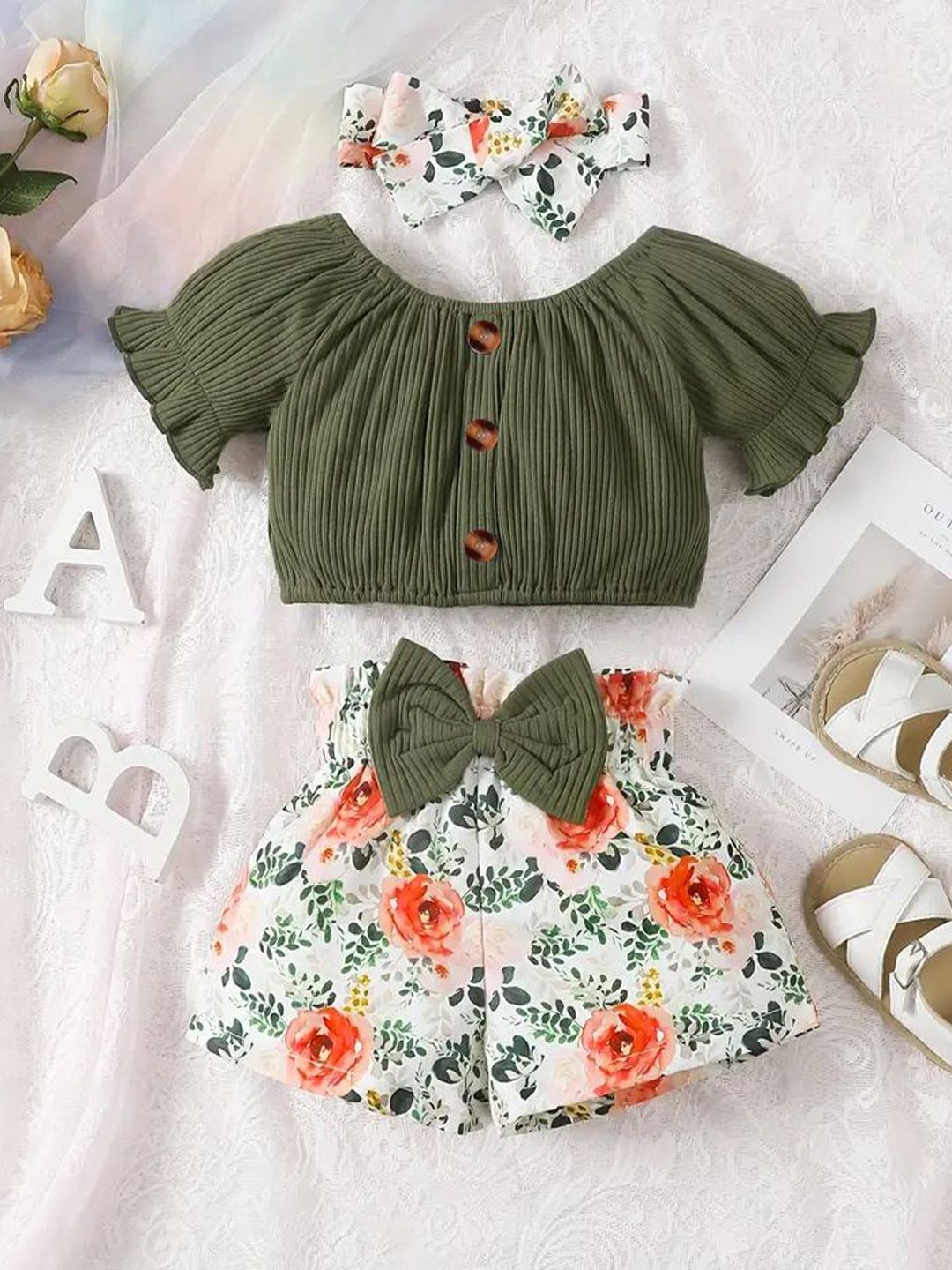 FAVORITE STORE Girls Off-Shoulder Neck Top With Shorts & Headband