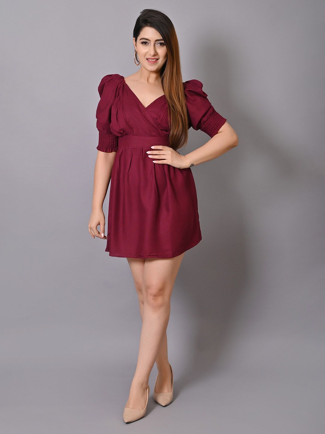 VYMO Women Puff Sleeve Fit & Flare Dress