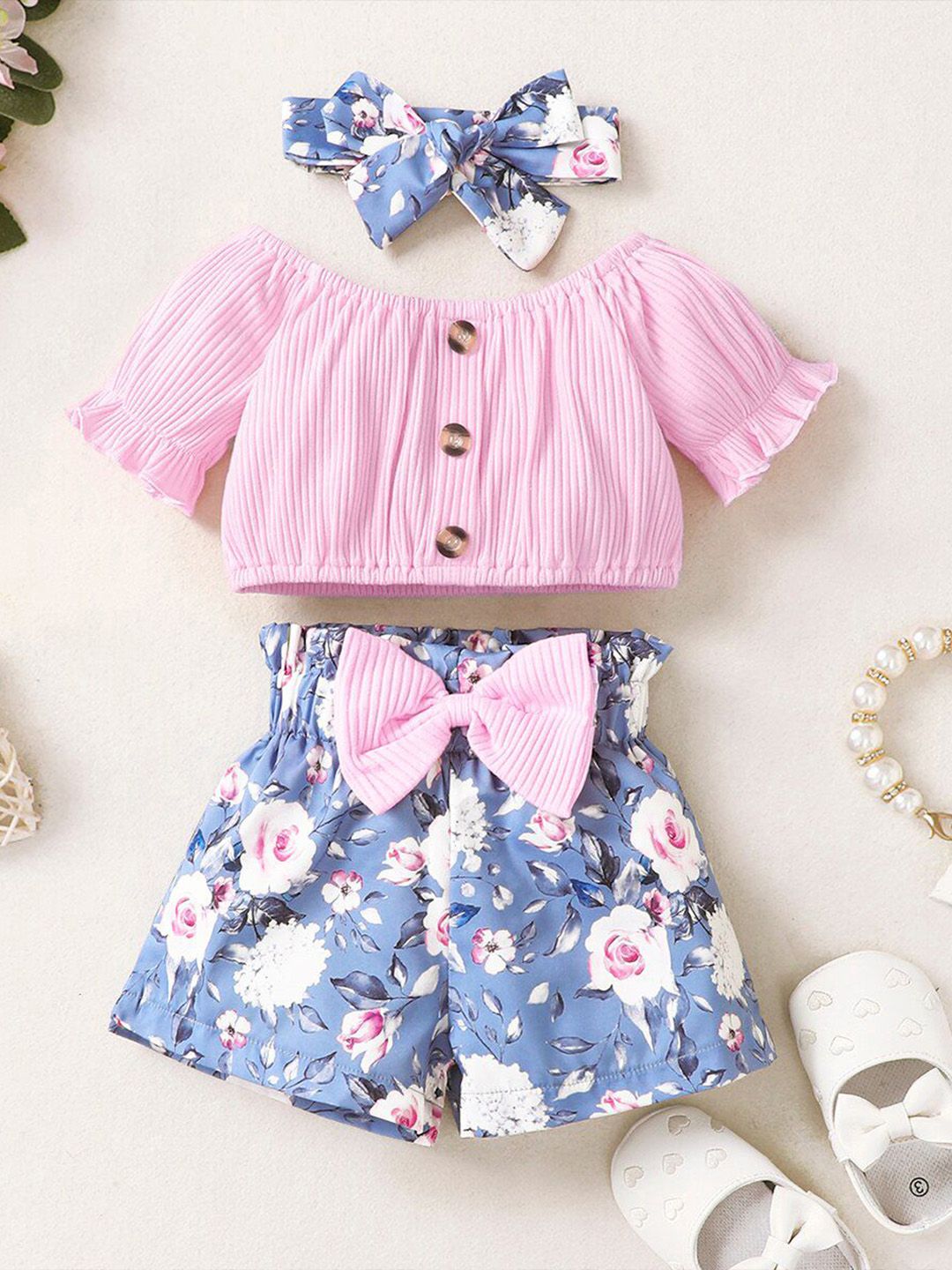 FAVORITE STORE Girls Off-Shoulder Neck Top With Shorts & Headband