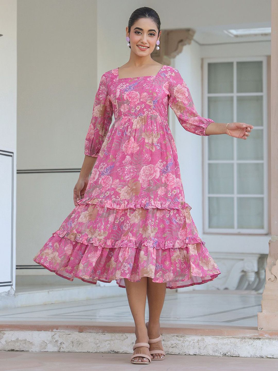 Buy Janasya Floral Printed Tiered Ethnic Dress -  - Apparel for Women