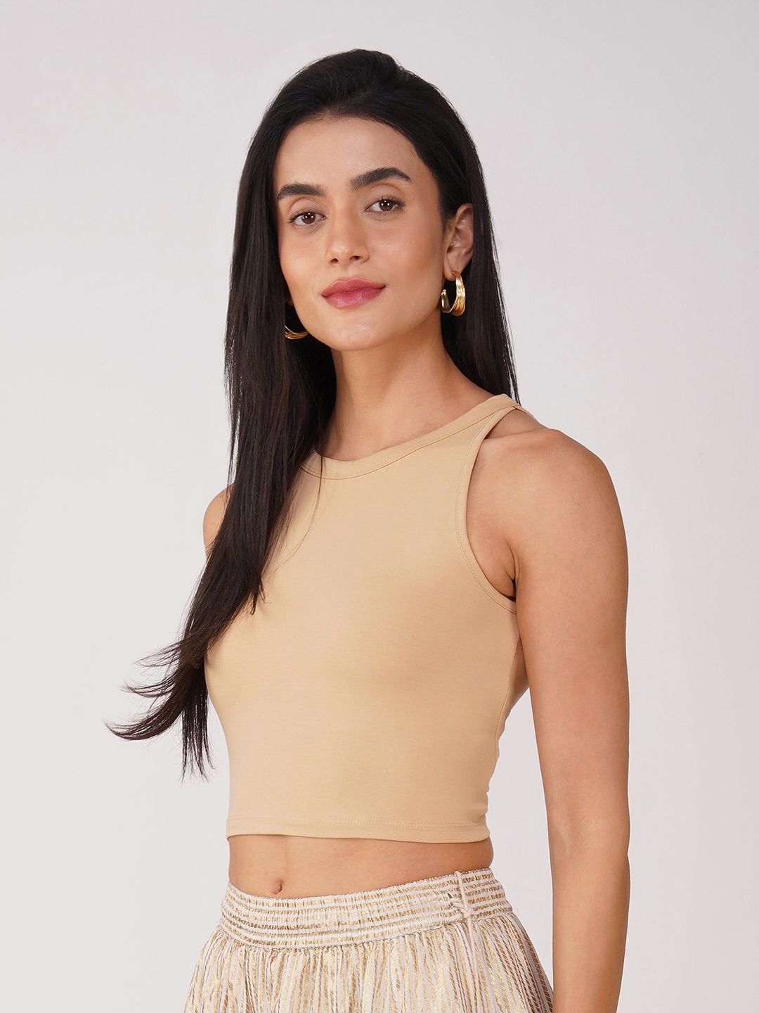 Swtantra Women's Stretchy Knitted Halter Neck Nude Crop Saree Blouse
