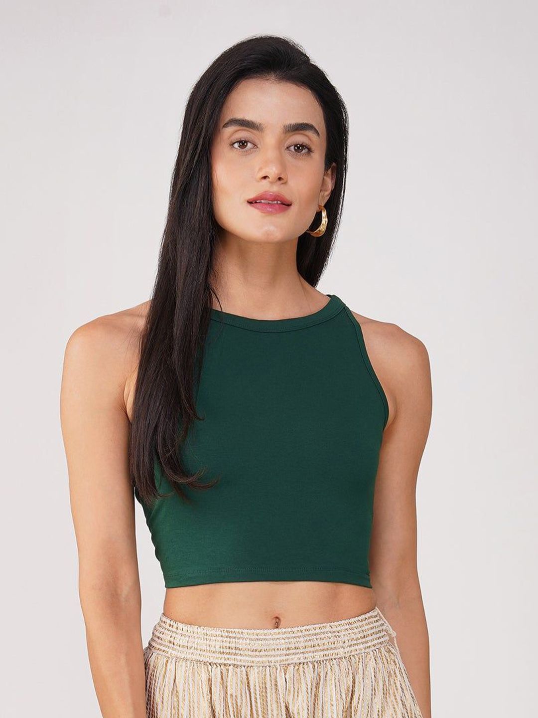 Swtantra Women's Stretchy Knitted Halter Neck Green Crop Saree Blouse