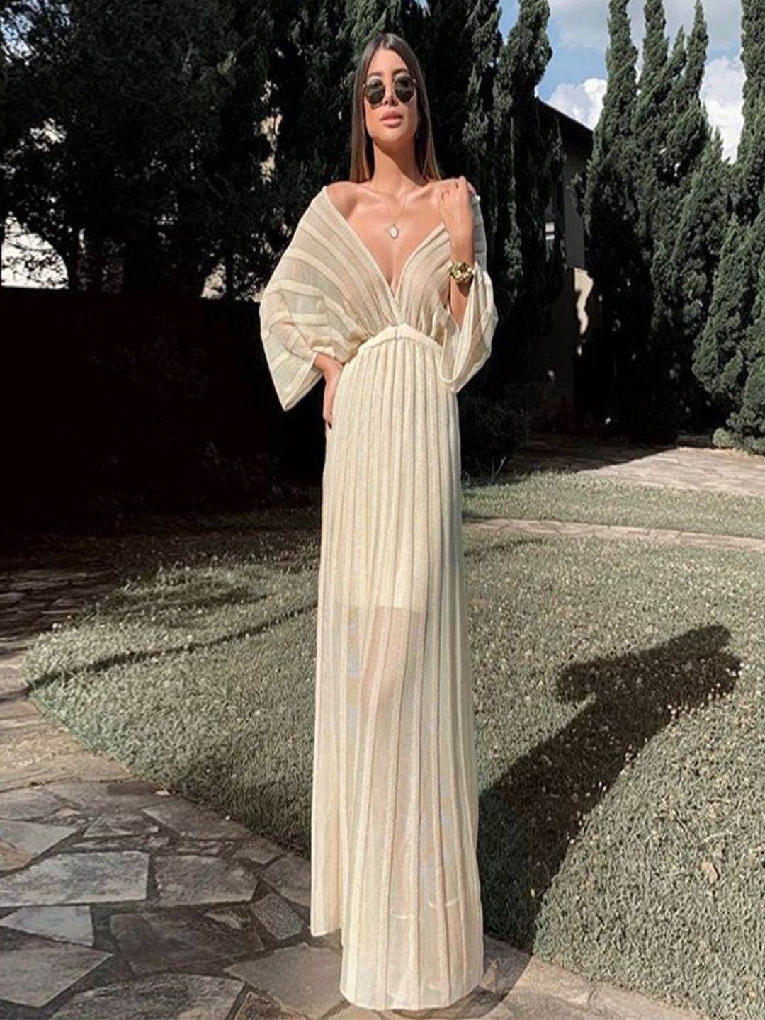bebe White Off-Shoulder Textured Stripes Kimono Sleeve Maxi Dress