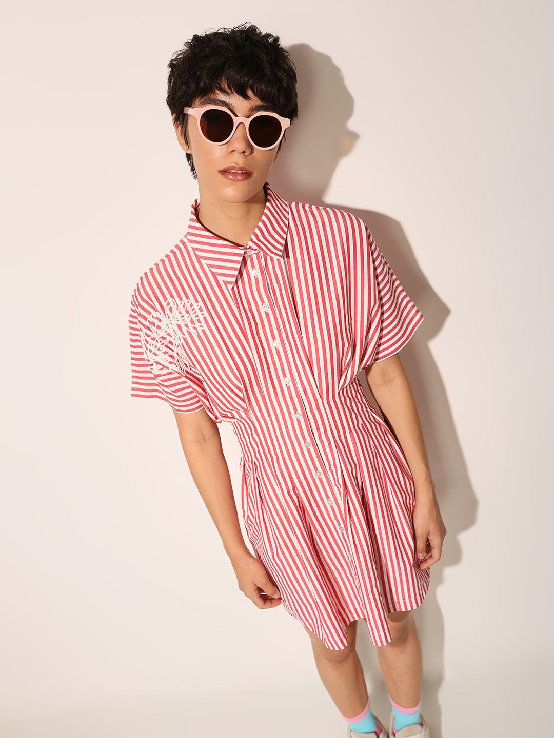 ONLY Women Striped Kimono Sleeve Shirt Mini Dress
