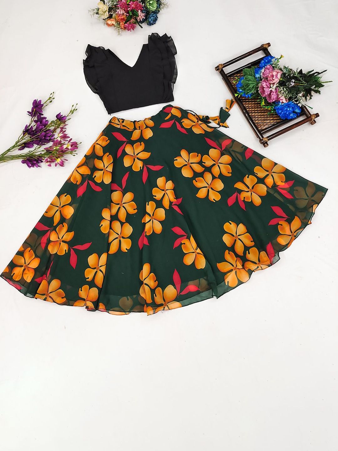 JOVK DESIGN Girls Green Tie And Dye Ready to Wear Lehenga & Choli