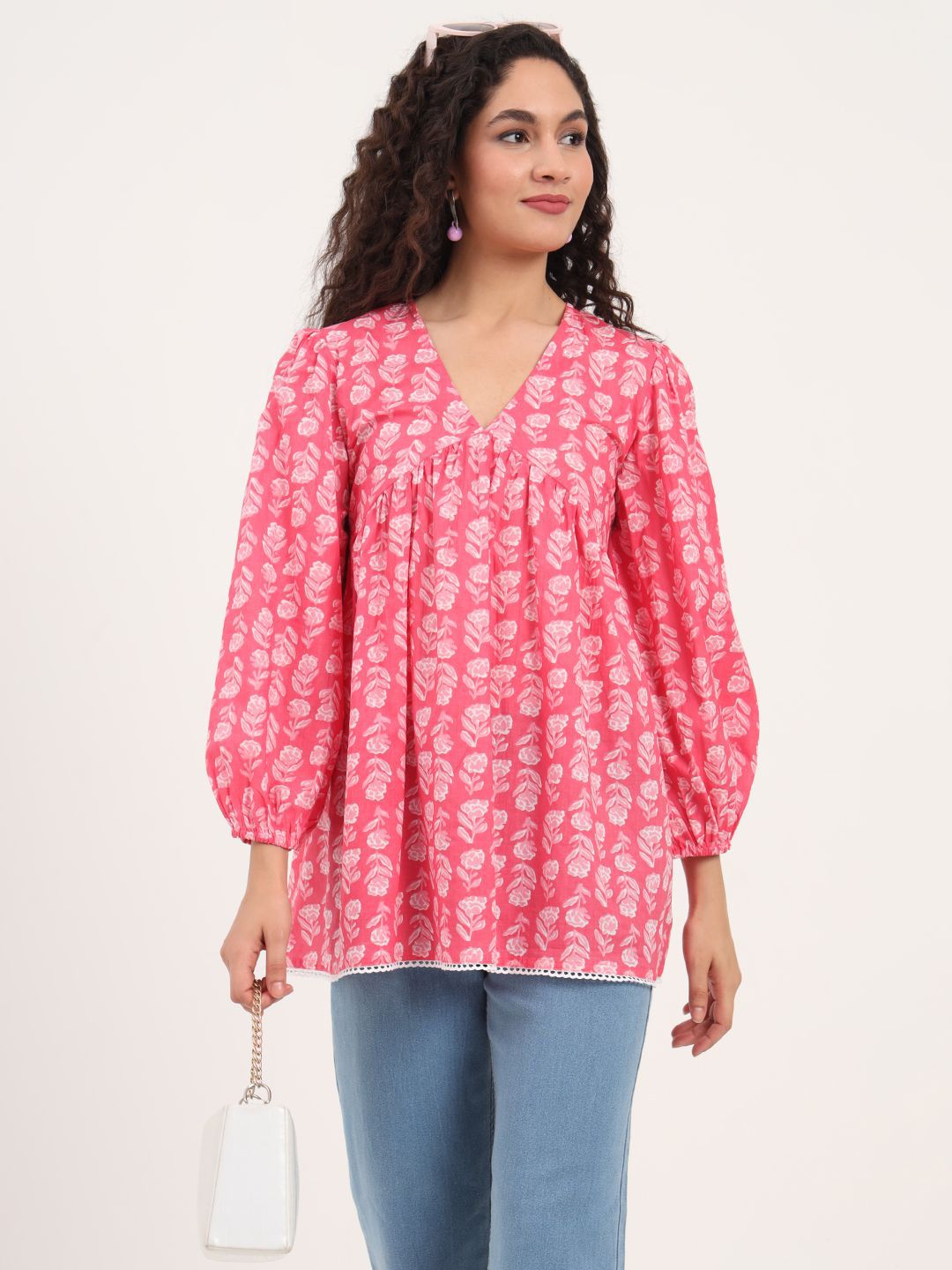 Divena Floral Print Bell Sleeve Cotton Peplum Top