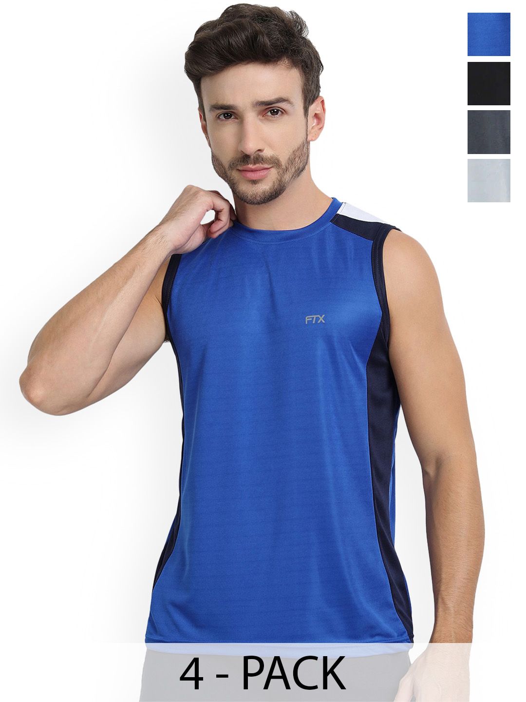 FTX Men Pack Of 4 Colourblocked Round Neck Gym Vests