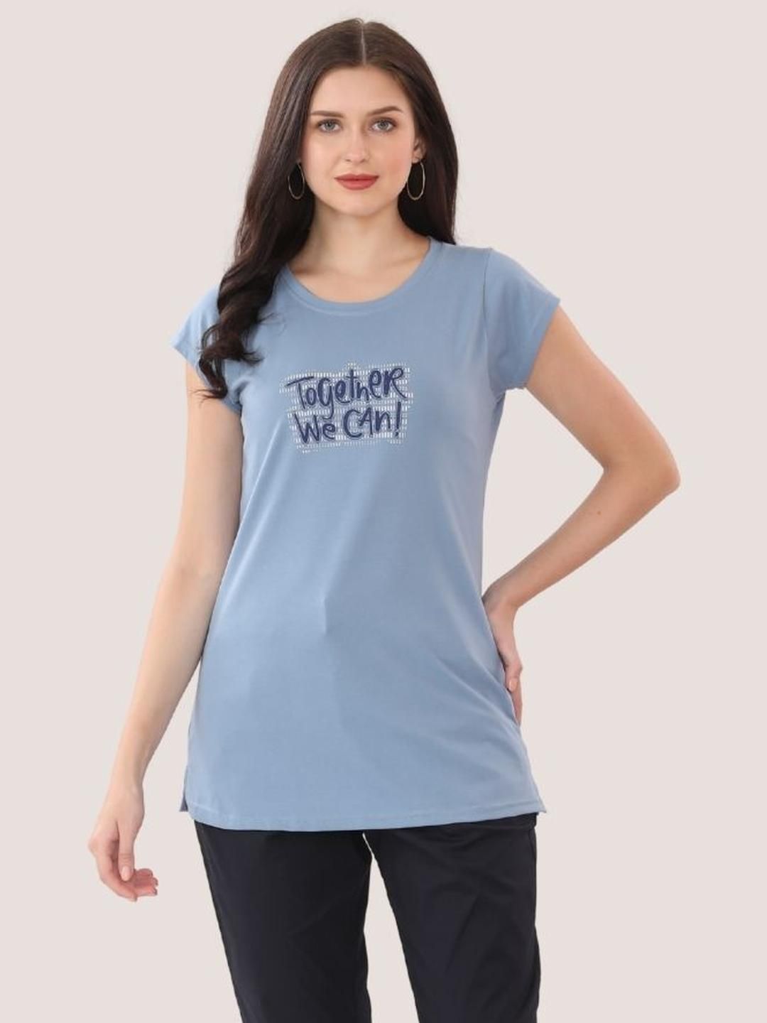 Lango Women Light Blue Printed Design Crew Neck Cotton Long Casual T-Shirt