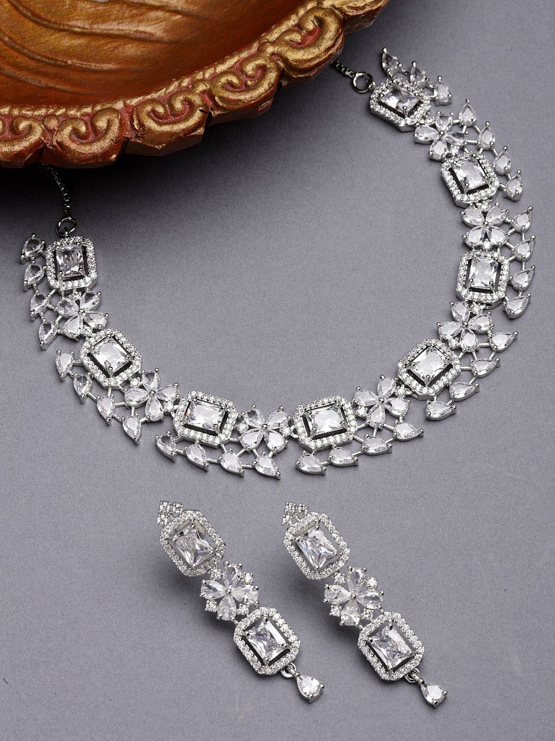 Buy ZENEME Rhodium Plated American Diamond Studded Square Jewellery Set -  - Accessories for Women
