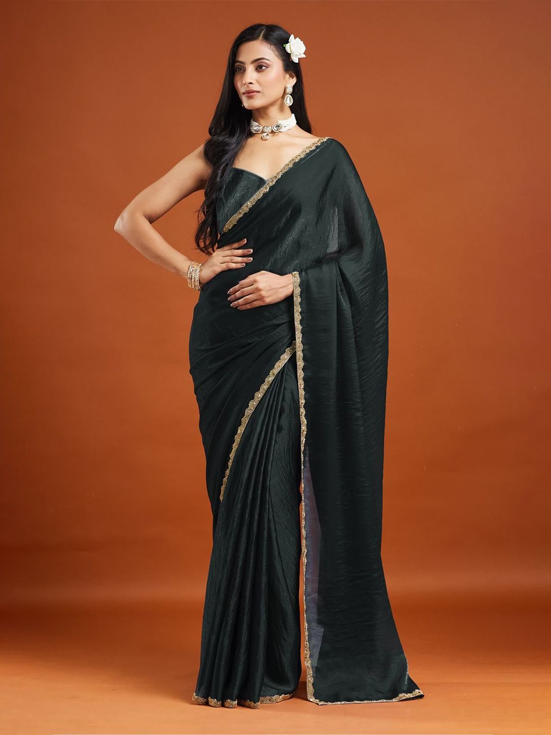 LOROFY Ethnic Motifs Beads and Stones Border Organza Saree
